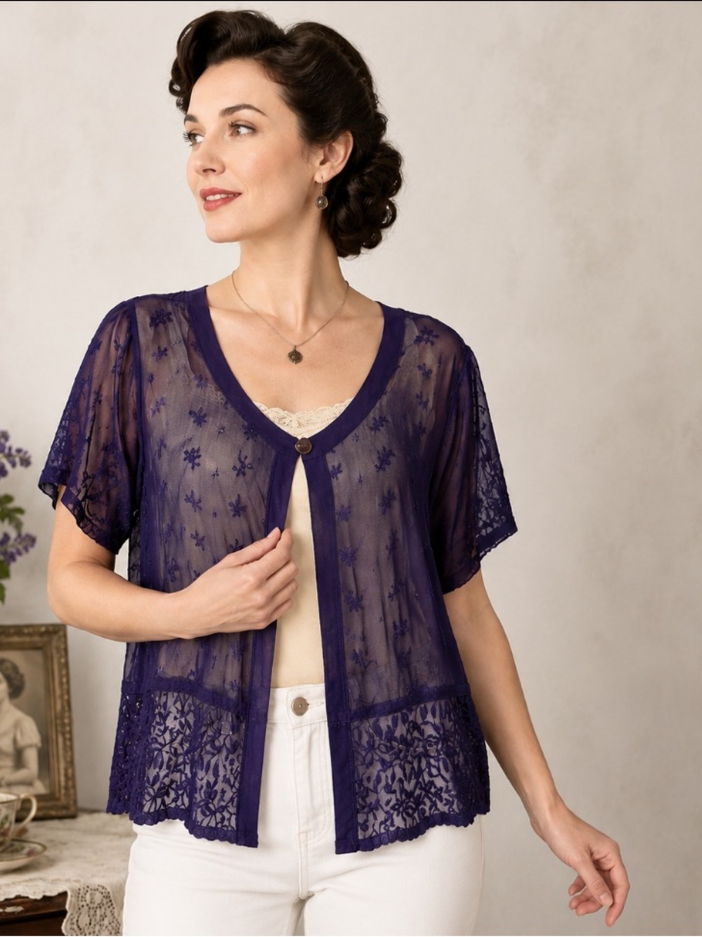 April Cornell Vintage Purple Boho Sheer Open Front Romantic Lagenlook Top Size M